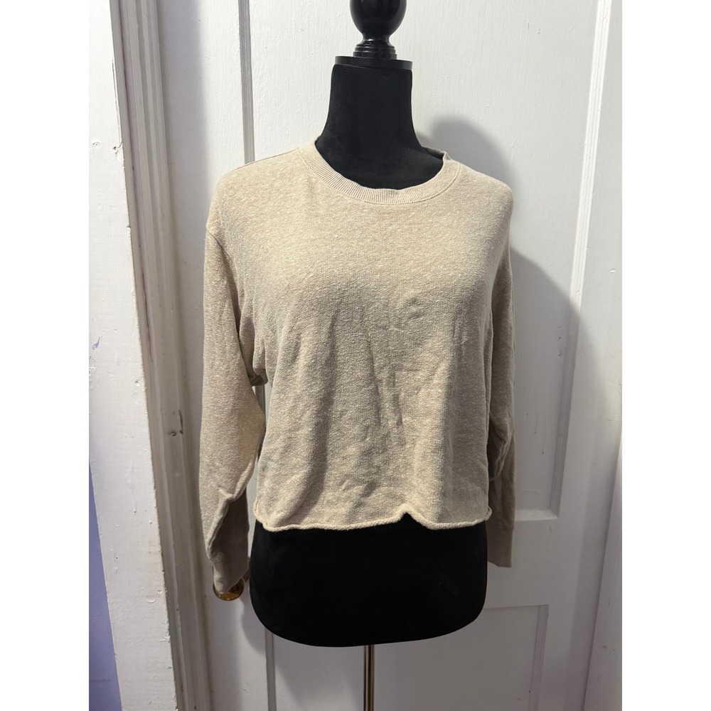 Z Supply Heather Beige Cropped Long Sleeve Sweater XS Crew Neck Knit Top